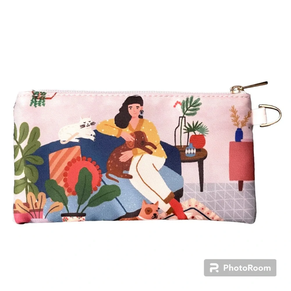 Cosmetic Makeup Pouch Clutch Bag Set - Blue White Chevron & Lady With Cat